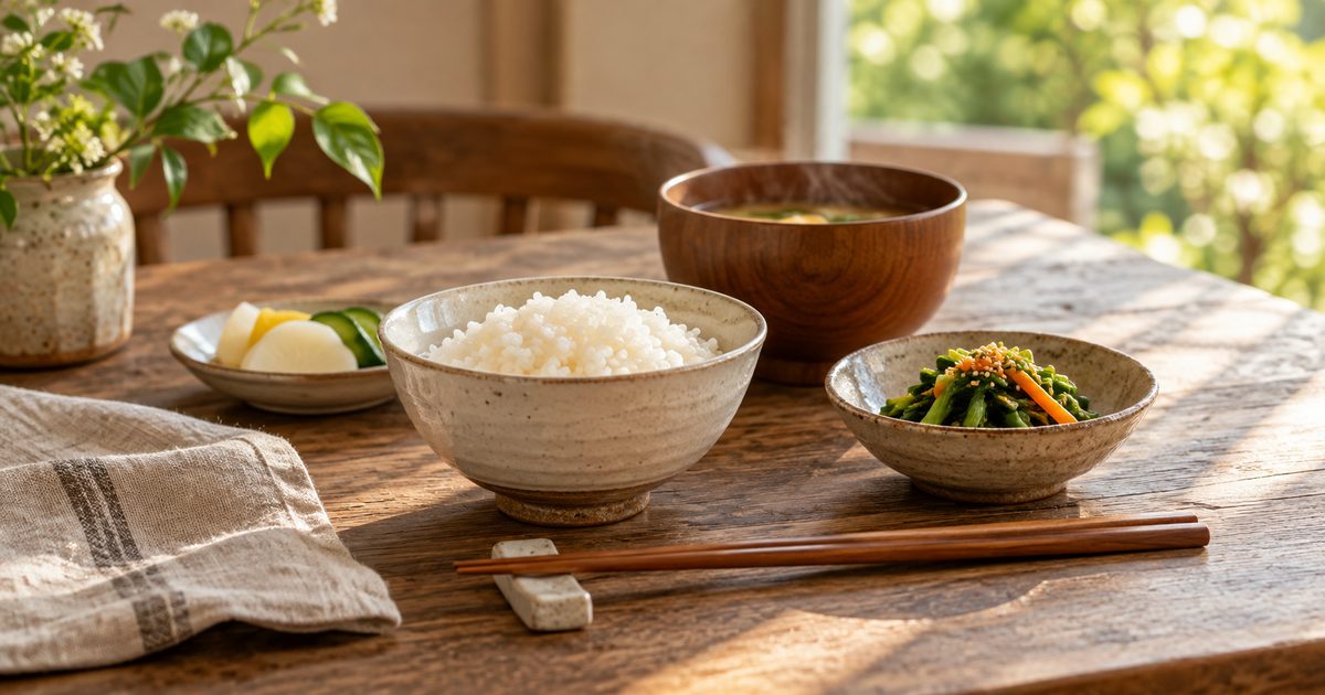 Rice and a vegetable side dish on a kitchen table