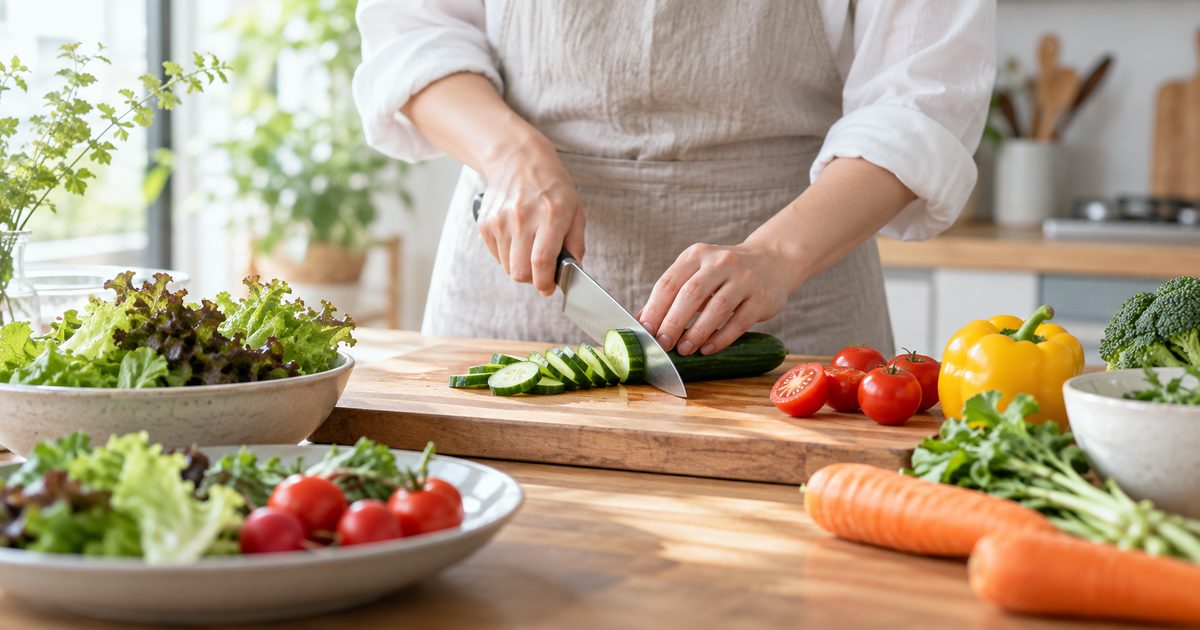 Hands preparing fresh vegetables